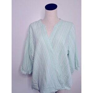 CJ Banks Top Womens Sz 1X Mint Green Textured Stripes Wrap Blouse V-Neck